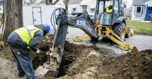 Crews work to dig out and replace lead service lines in April 2018 in Flint, Mich. This spring, a decade after the Flint water crisis began, a federal court held the city in contempt for violating a court order requiring it to reach certain milestones in its lead pipe replacement program. (Jake May/Mlive.com/TNS)